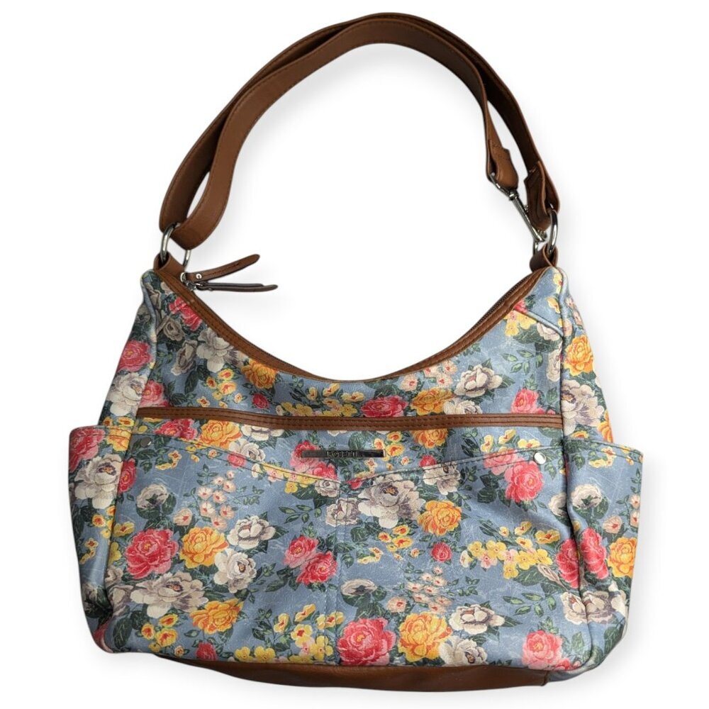 Rosetti Blue Floral Faux Leather Shoulder Tote with Brown Trim Adjustable Strap